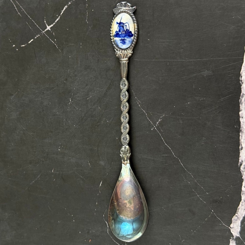 VTG Mini Dutch Demitasse Souvenir Spoon Grey Metallic with Blue Windmill Design